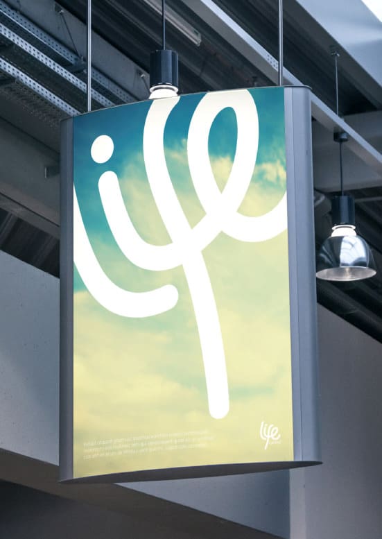 Lifecomms branding on light box