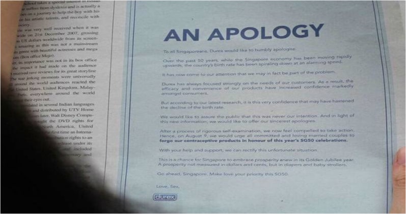 Durex an apology letter advert